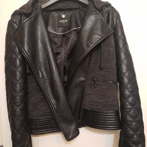 Women's Large Bebe black leather/ cotton, biker style jacket with removable hood
